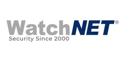 Le logo de la société WatchNET présente le texte gris pour « Watch » et le texte bleu foncé pour « NET », avec le slogan « La sécurité depuis 2000 ».