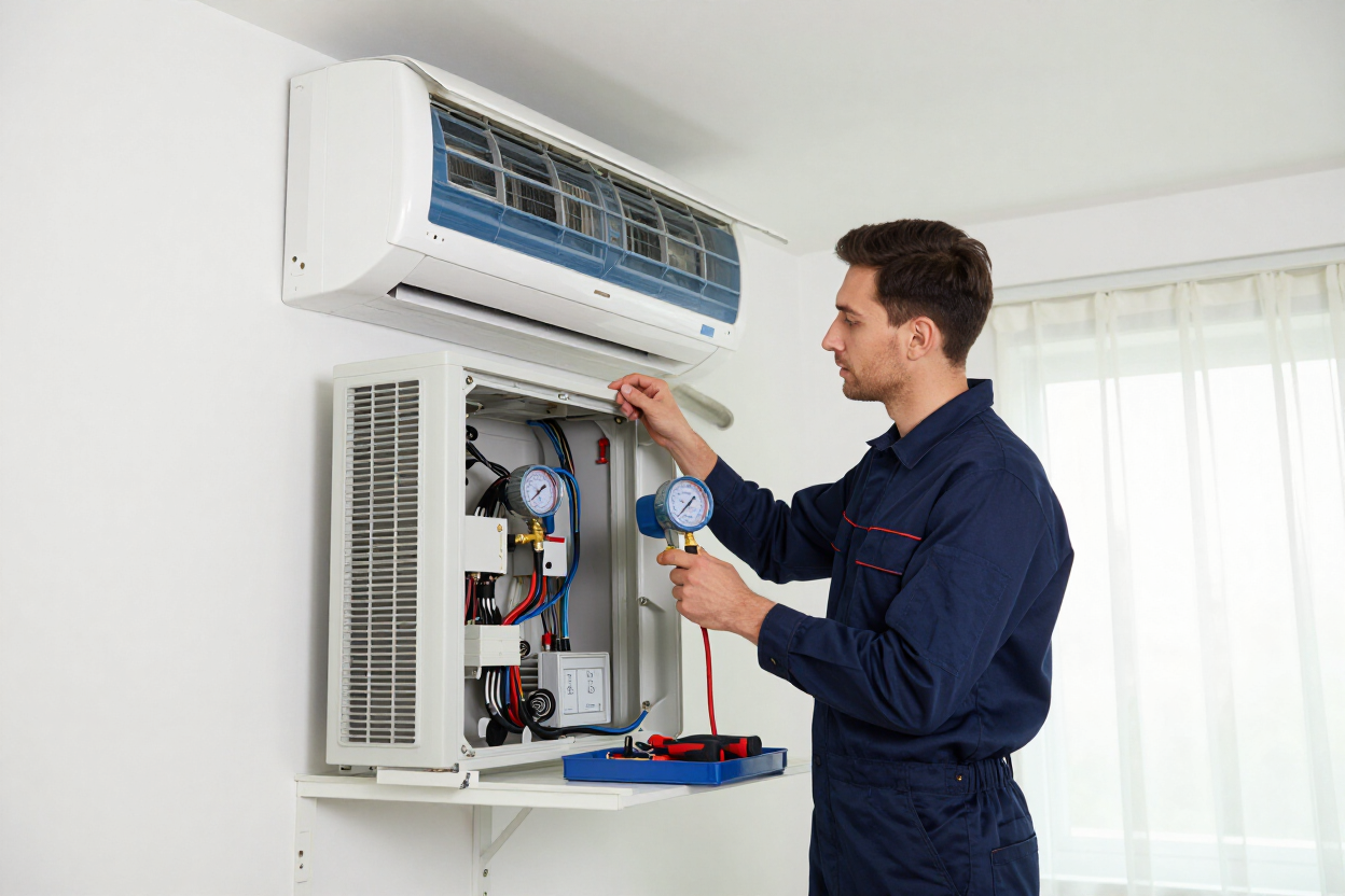 Técnico reparando un aire acondicionado con herramientas de diagnóstico