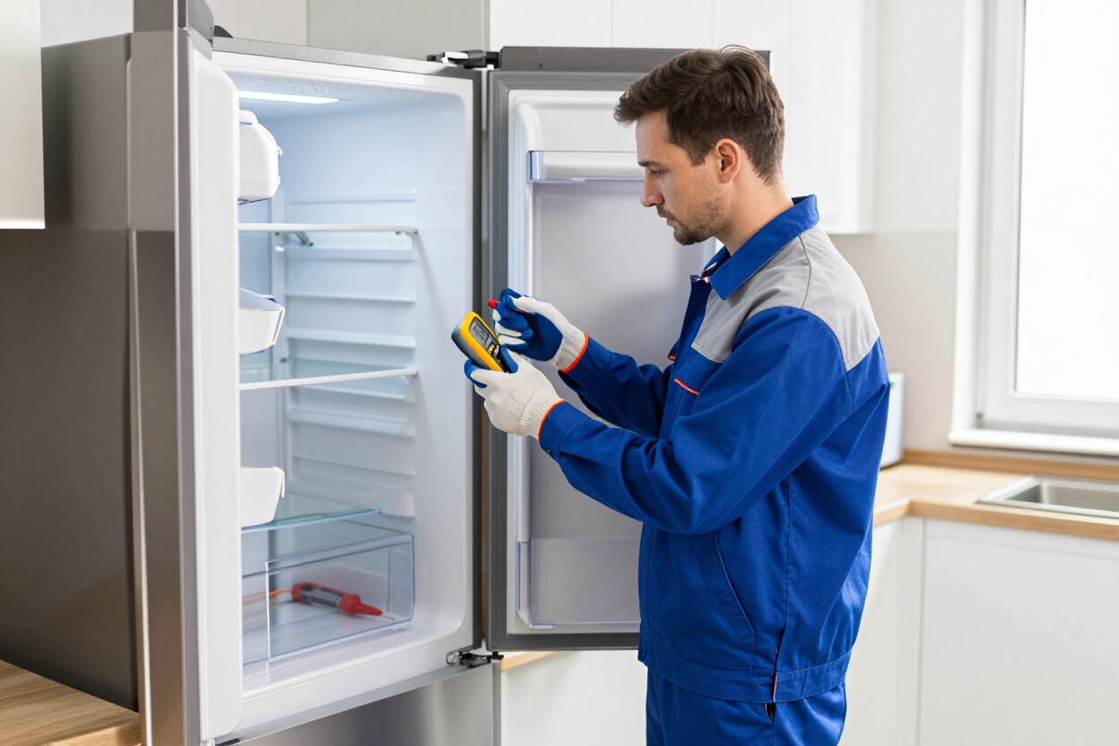 Técnico revisando una nevera en una cocina residencial