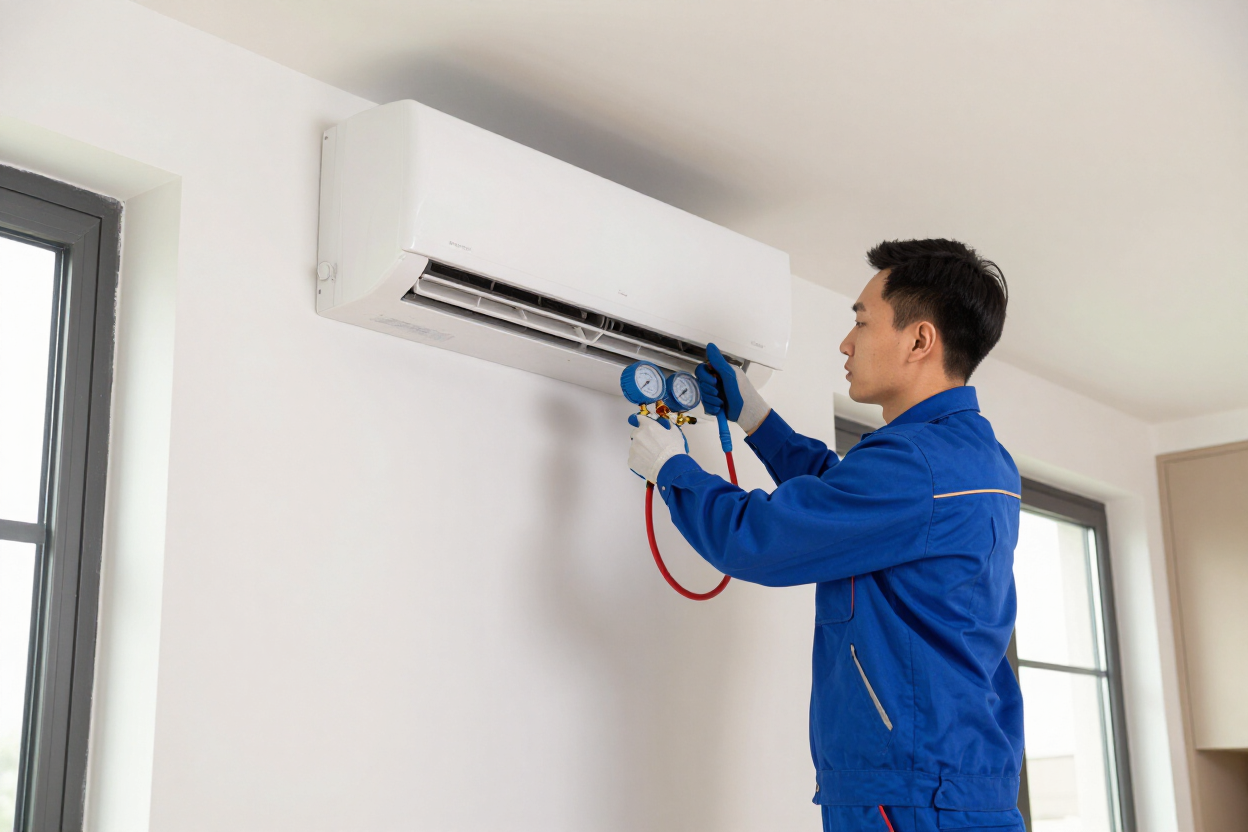 Técnico instalando un aire acondicionado split en una vivienda