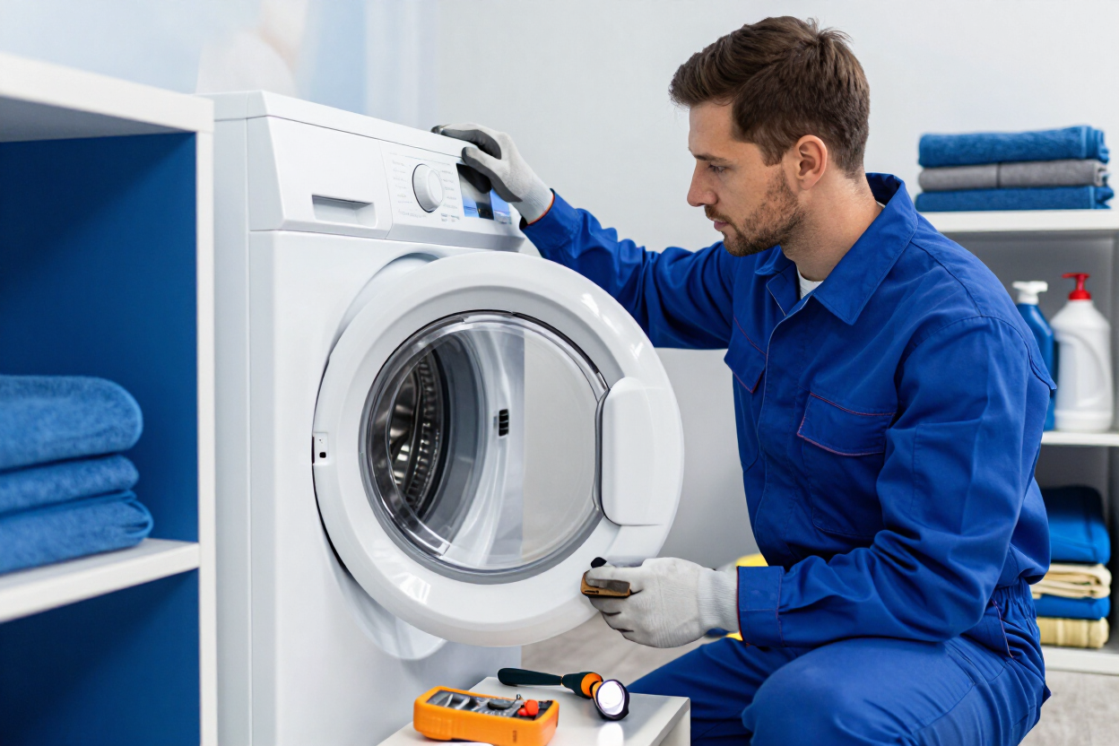 Técnico haciendo mantenimiento preventivo a una lavadora