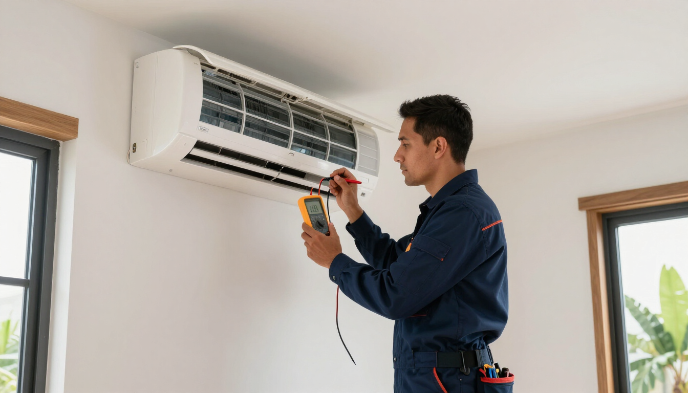 Técnico revisando un aire acondicionado residencial en Cali