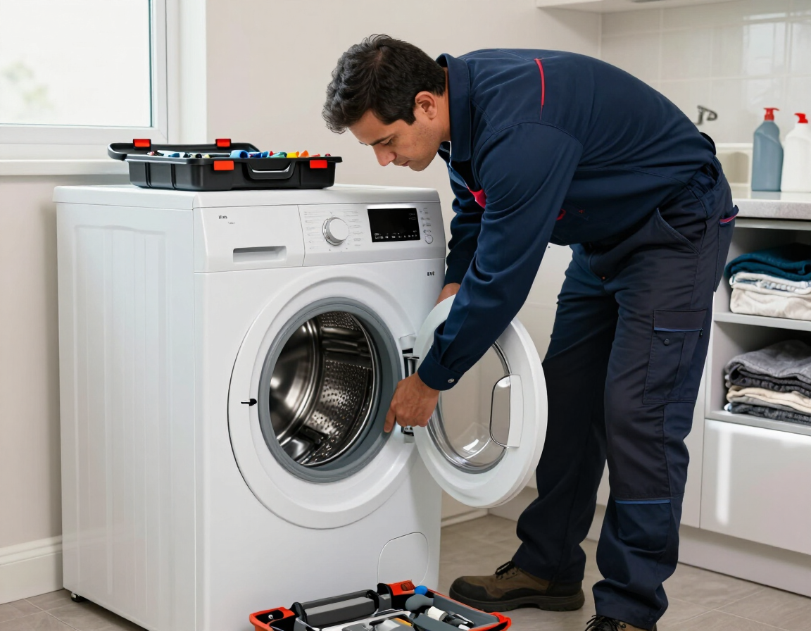 Técnico revisando una lavadora doméstica