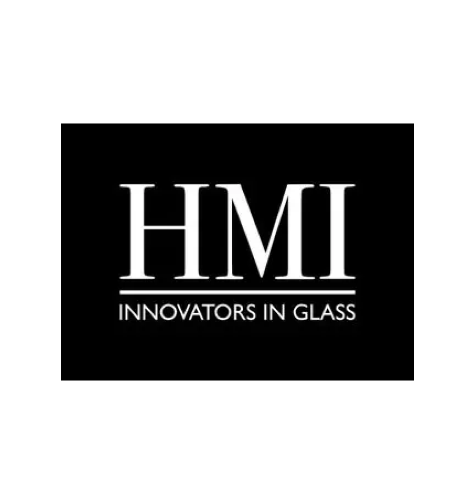 A black and white logo for hmi innovators in glass.