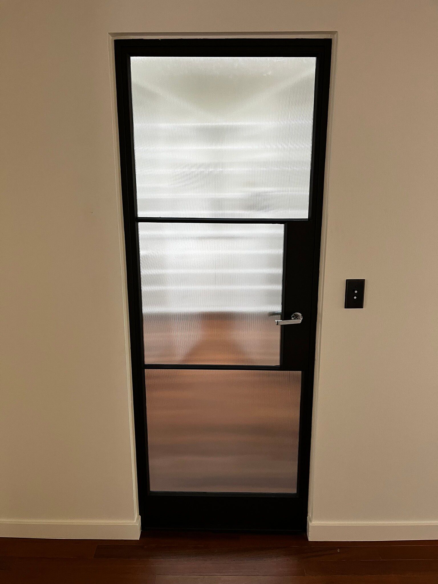 Black-framed door with frosted glass panels and a wall switch beside it.