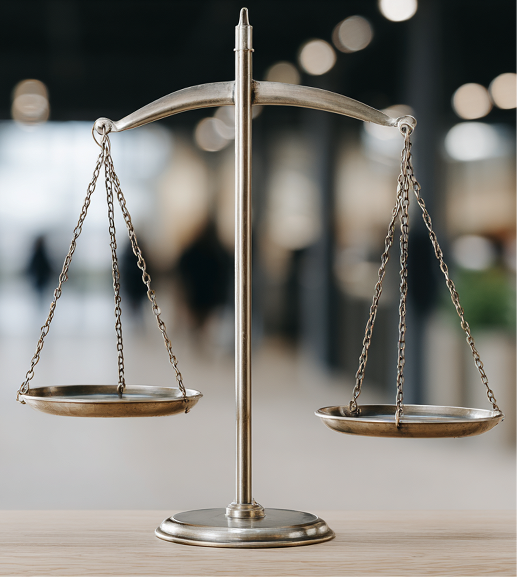 A metallic balance scale sits on a wooden surface against a blurred, professional indoor background.