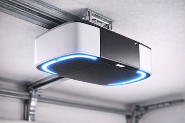 Garage door opener with a black and white body and a blue light ring. Installed on a garage ceiling.