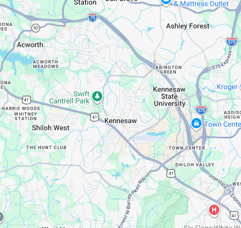 Map of Kennesaw, Georgia showing roads, neighborhoods, and Kennesaw State University area