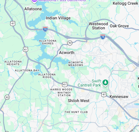 Map of northwest Georgia around Kennesaw, Allatoona, and Westwood Station, with roads and parks marked