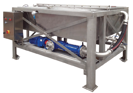 Stainless steel industrial tank with a blue pump and control panel.