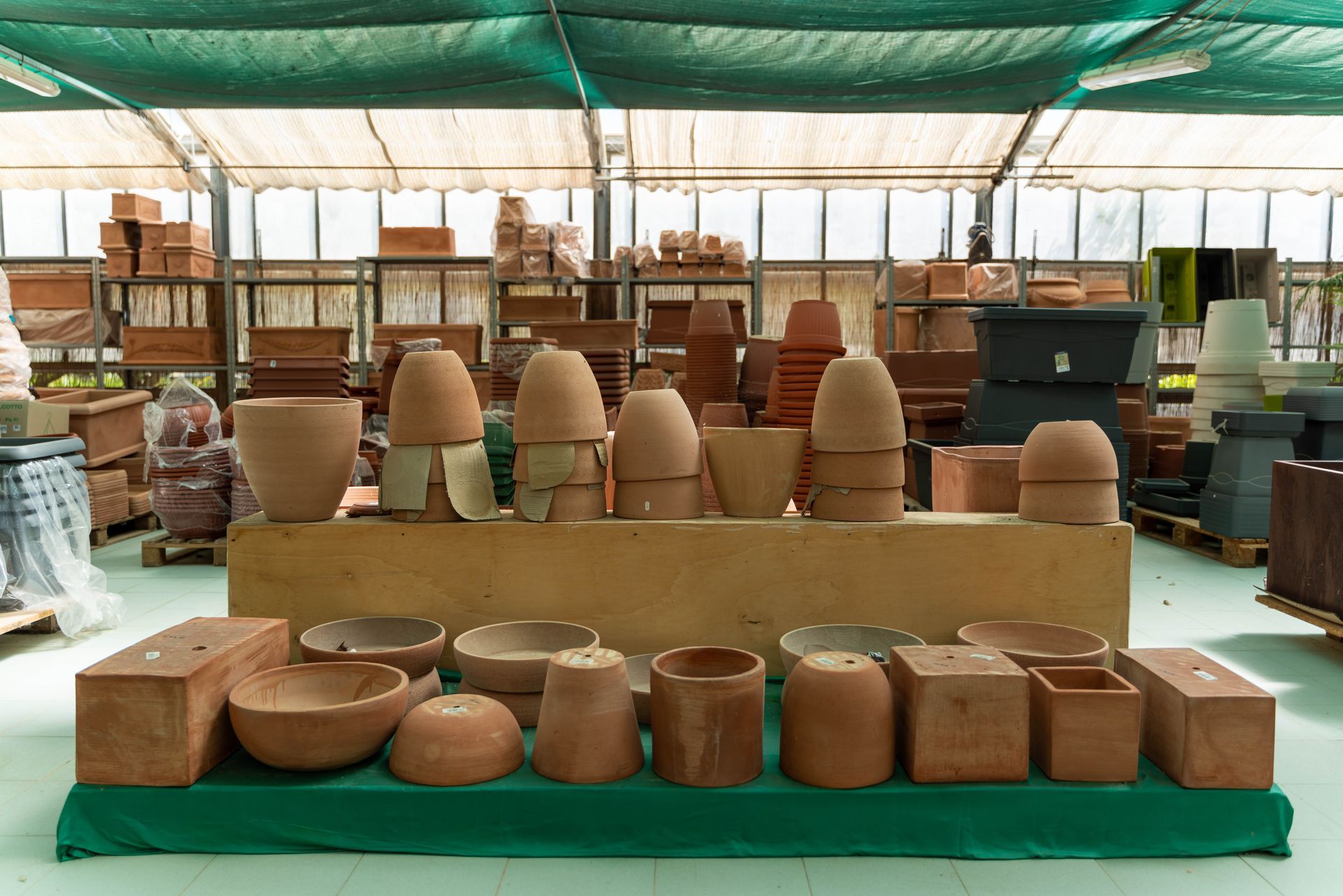There are many different types of pots on display in a greenhouse.