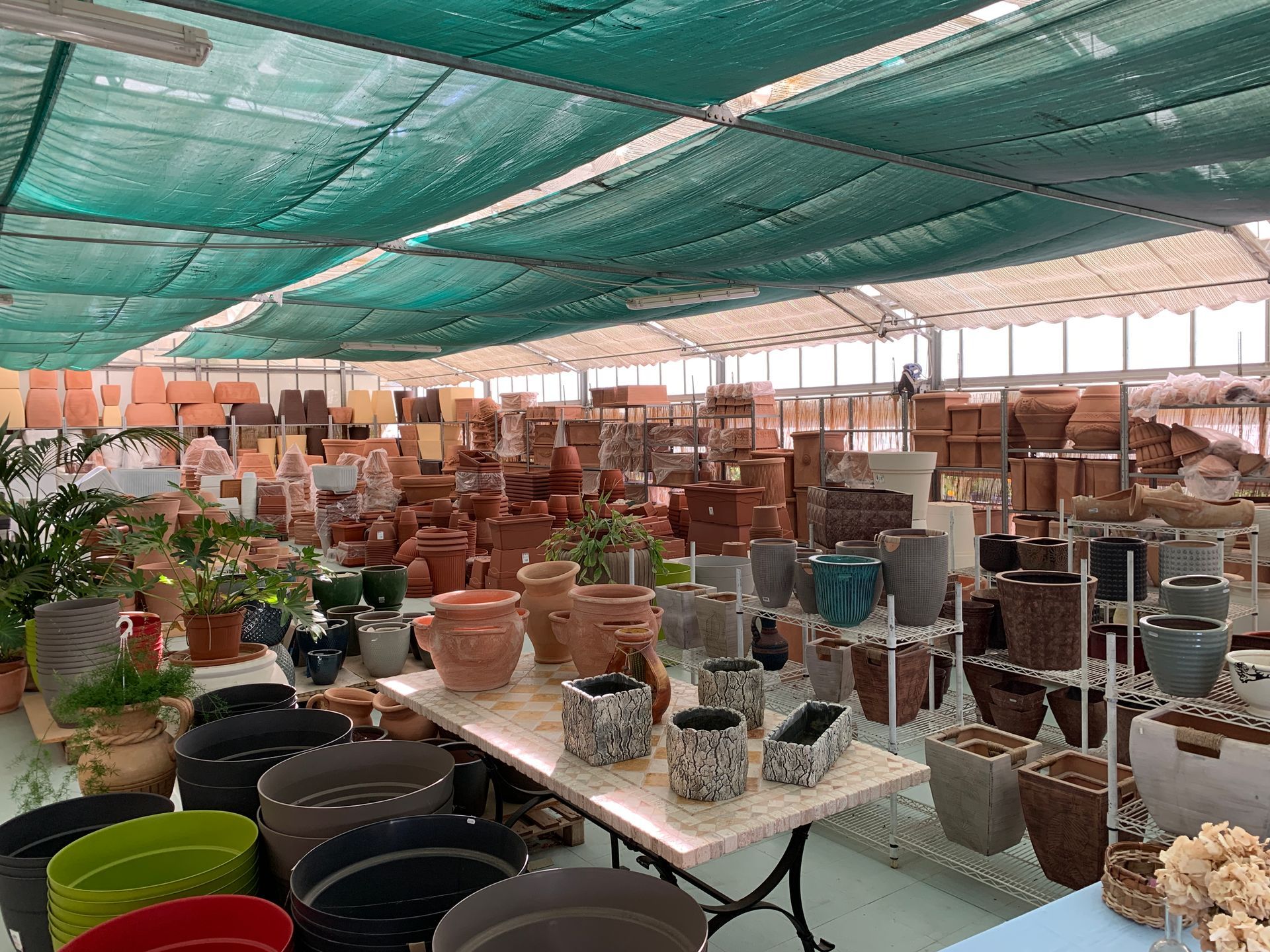 A greenhouse full of pots and plants.