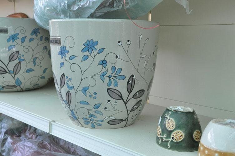 A white bowl with blue flowers and leaves on top
