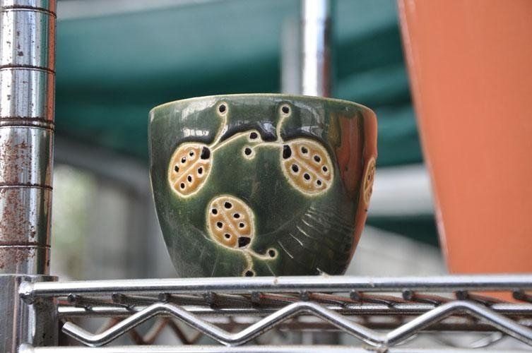 On a metal shelf sits a green bowl with ladybirds on it.