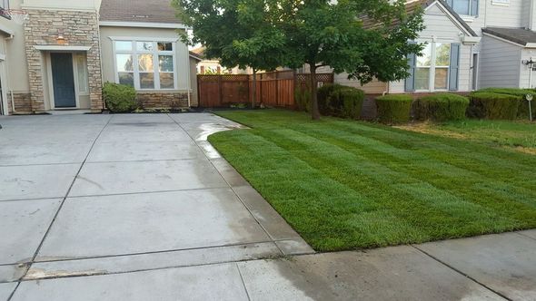 A driveway with a lush green lawn in front of a house.