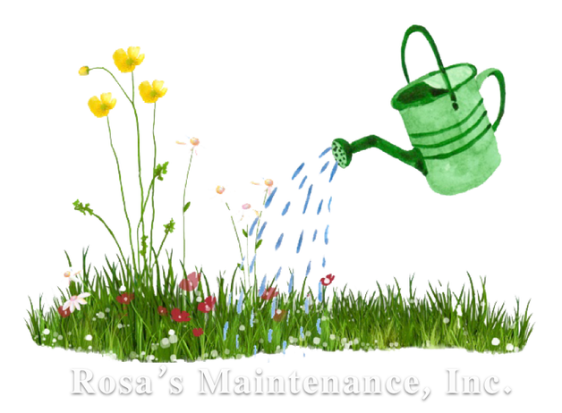 The logo for rosa 's maintenance inc. shows a green watering can watering flowers