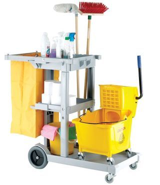 A cleaning cart with a yellow bucket and a mop