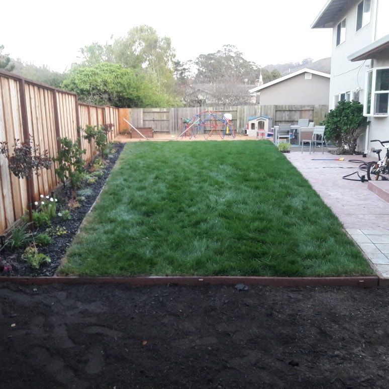 A backyard with a fence and a lush green lawn