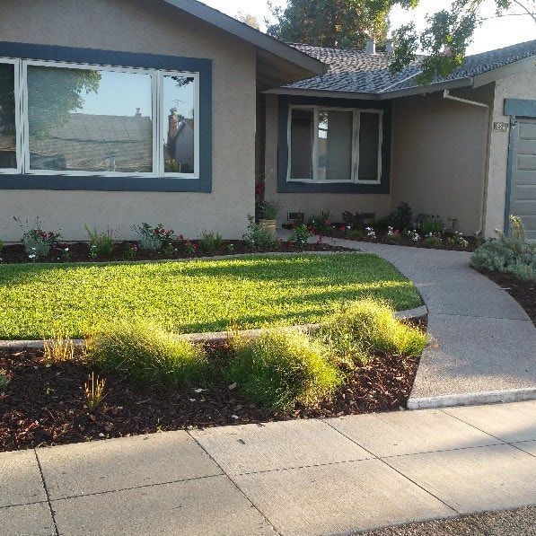 A house with a concrete walkway leading to it
