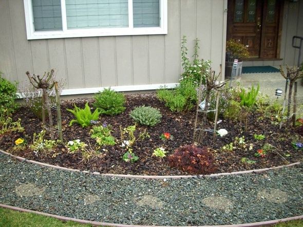 A garden with flowers and shrubs in front of a house.