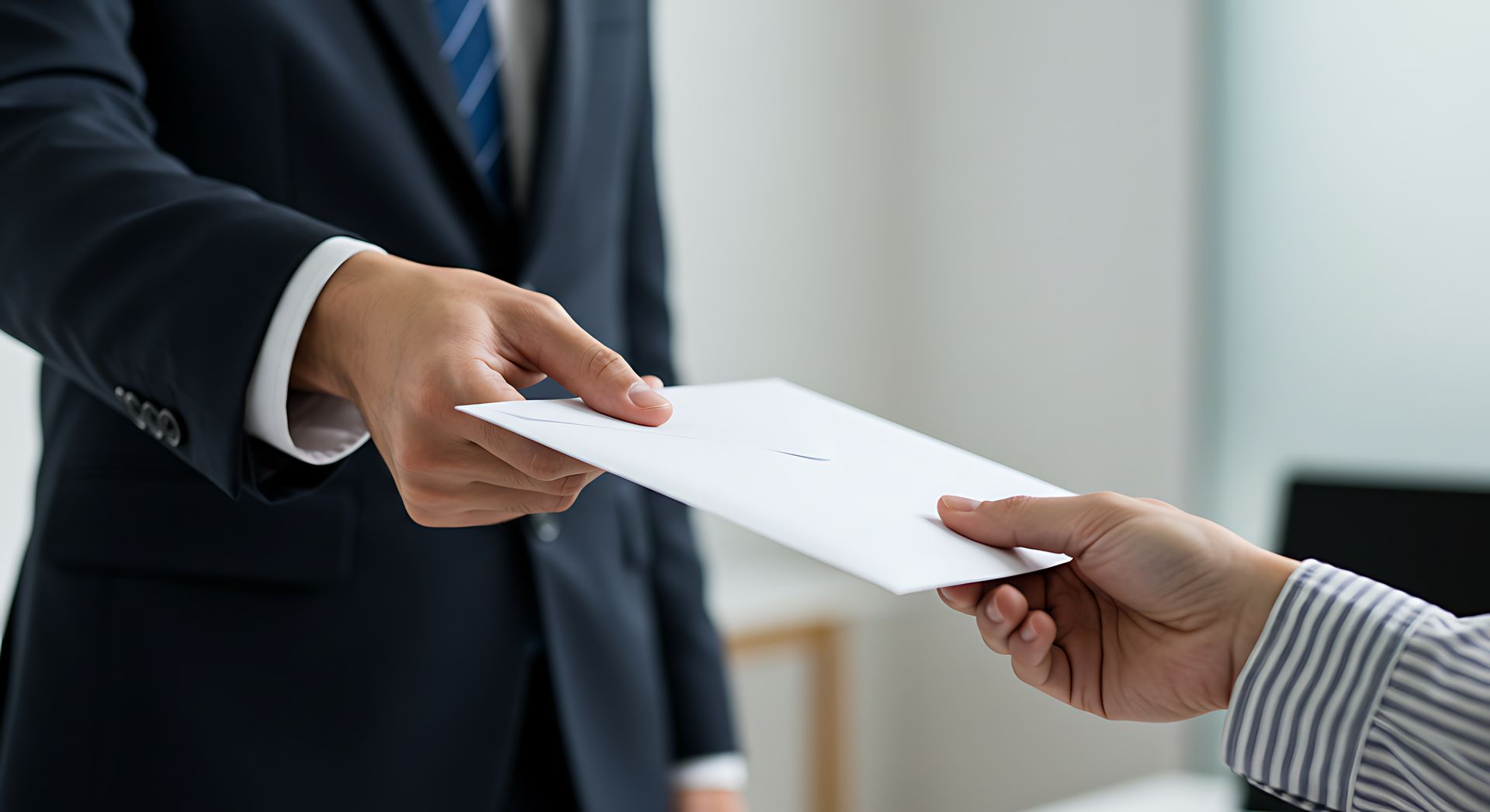 Businessperson handing a white envelope to another person in a striped shirt