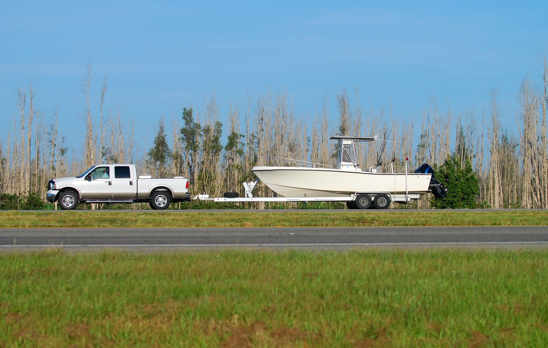 White pickup truck towing a white boat on a trailer beside a road with tall reeds and blue sky