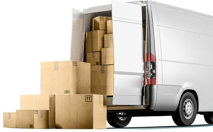 White delivery van with open back, loaded with cardboard boxes during a move or delivery.