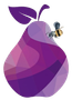 Una pera viola stilizzata e geometrica con una singola foglia e una piccola ape appoggiata su un fianco.