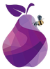 Una pera viola stilizzata e geometrica con una singola foglia e una piccola ape appoggiata su un fianco.