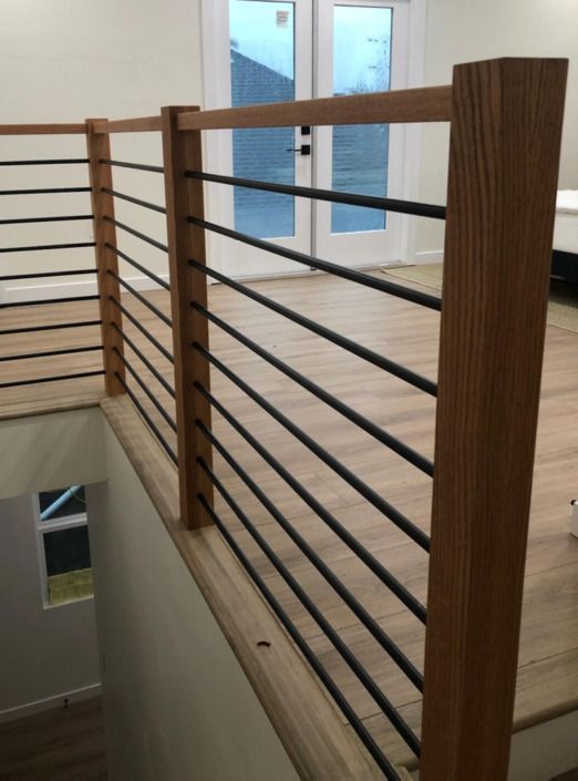 Black Horizontal Rods With Red Oak Square Newel Posts and Hand Railin