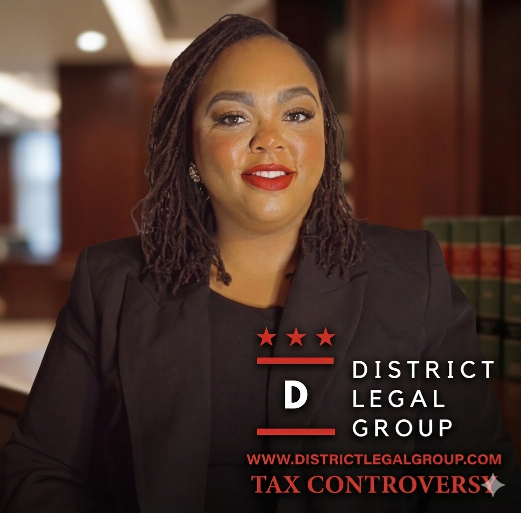 District Legal Group ad with a smiling woman in a black blazer against a blurred office background.