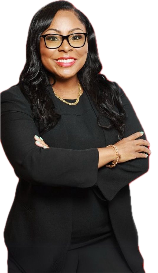 Woman with glasses, arms crossed, wearing a black blazer and dress, smiling.