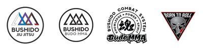 Bushido Academy Moorabbin logos: Bushido Jiu Jitsu, Bushido Budo MMA, Bushido Combat System and Born To Roll