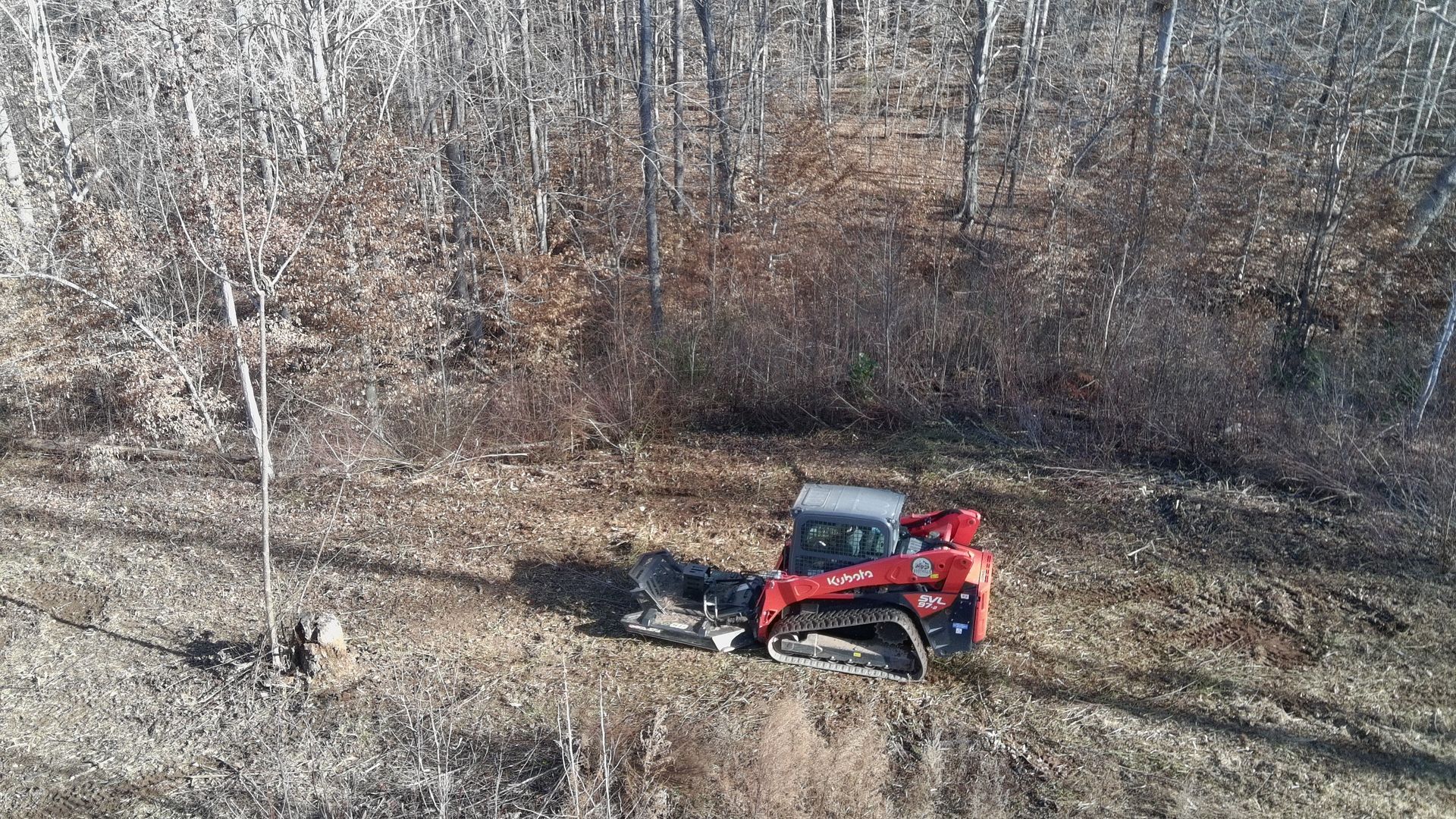A red tracked skid steer with a forestry mulching attachment clears brush in a wooded area.