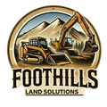Logo for Foothills Land Solutions featuring a skid steer and excavator against a mountain backdrop in a circular frame.