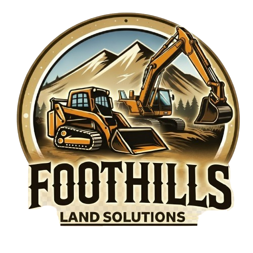 Logo for Foothills Land Solutions featuring a skid steer and excavator against a mountain backdrop in a circular frame.