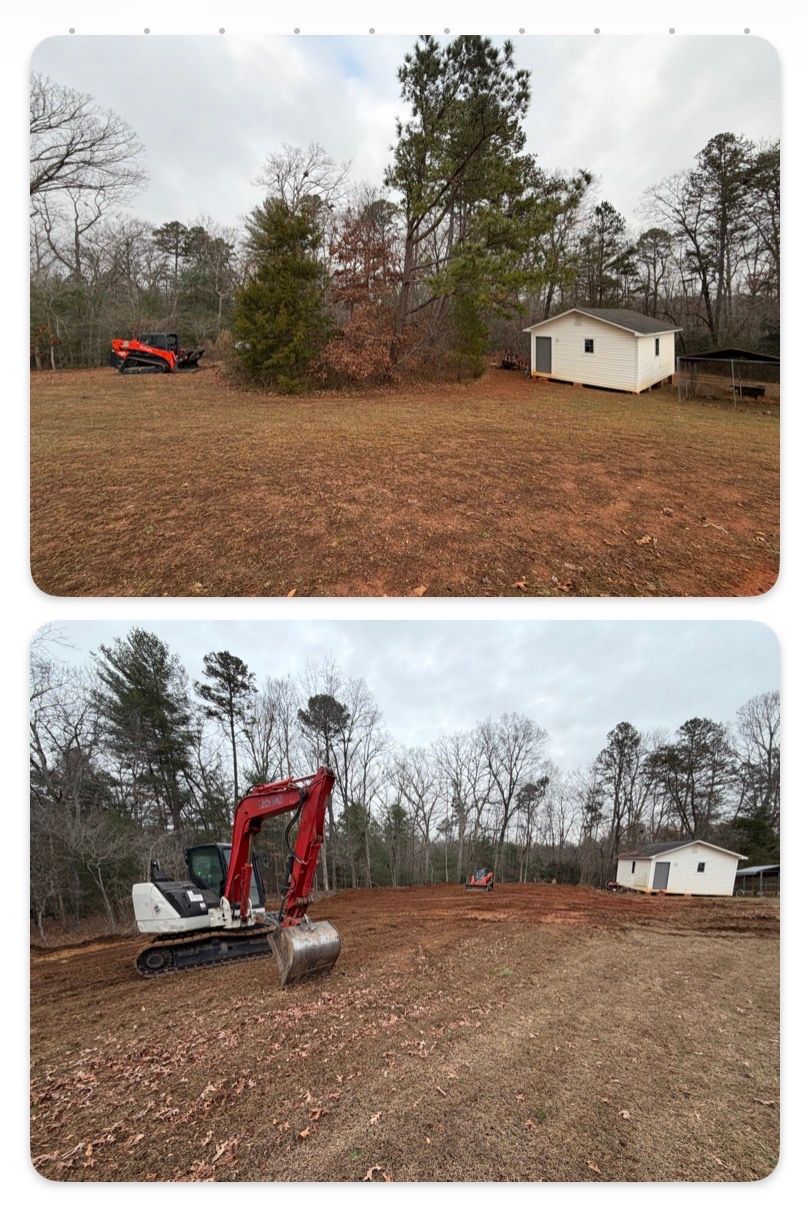 Two photos showing a before and after comparison of a red excavator clearing vegetation on a rural property.