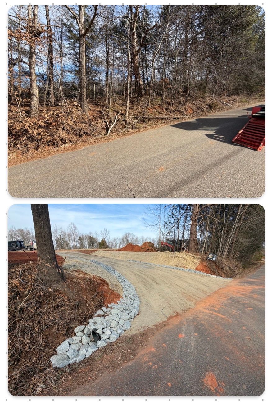 Before and after: a roadside area cleared and improved with a gravel driveway, a stone drainage ditch, and pipe.
