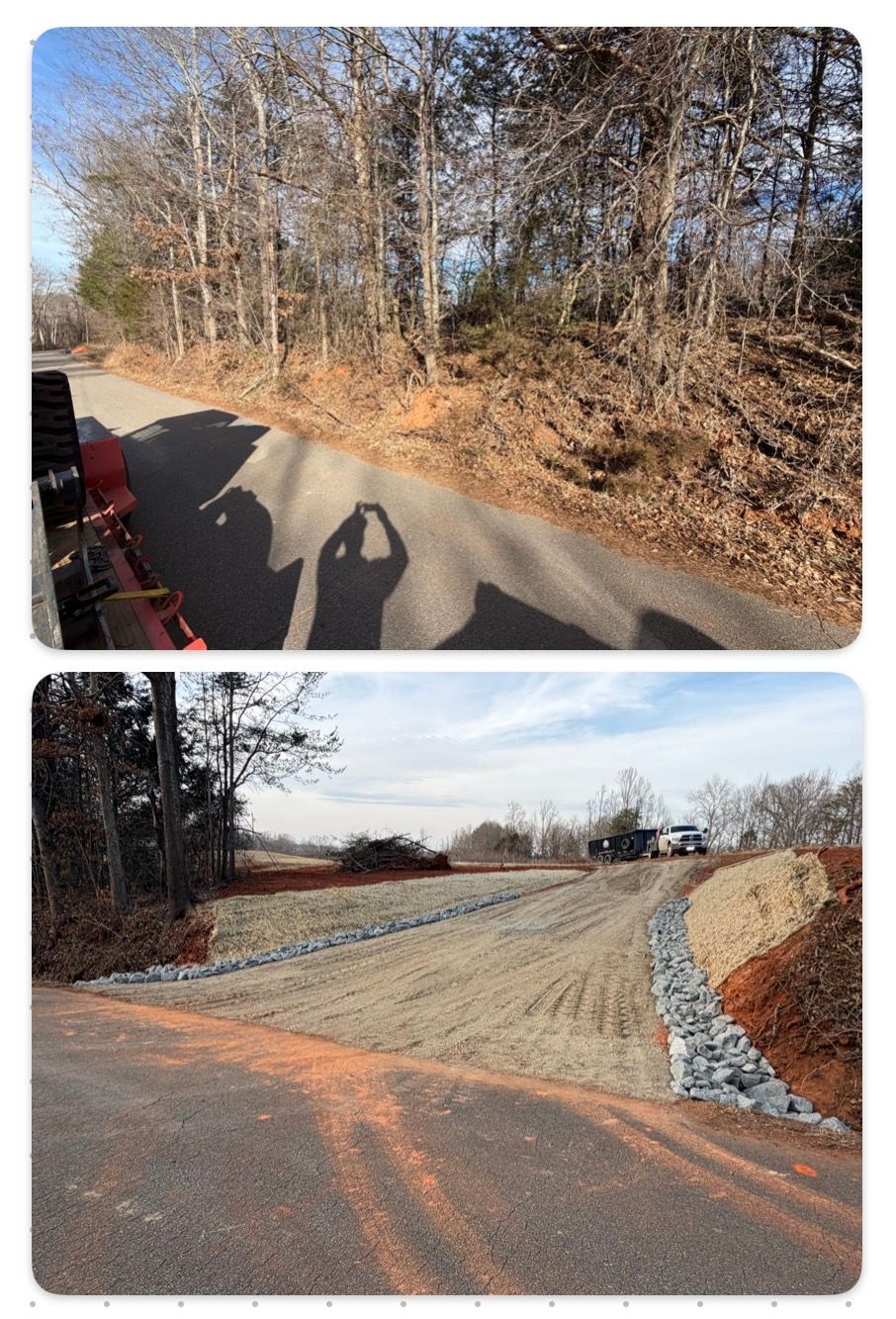 A split-view showing a road before and after the construction of a new gravel driveway entrance lined with stone borders.