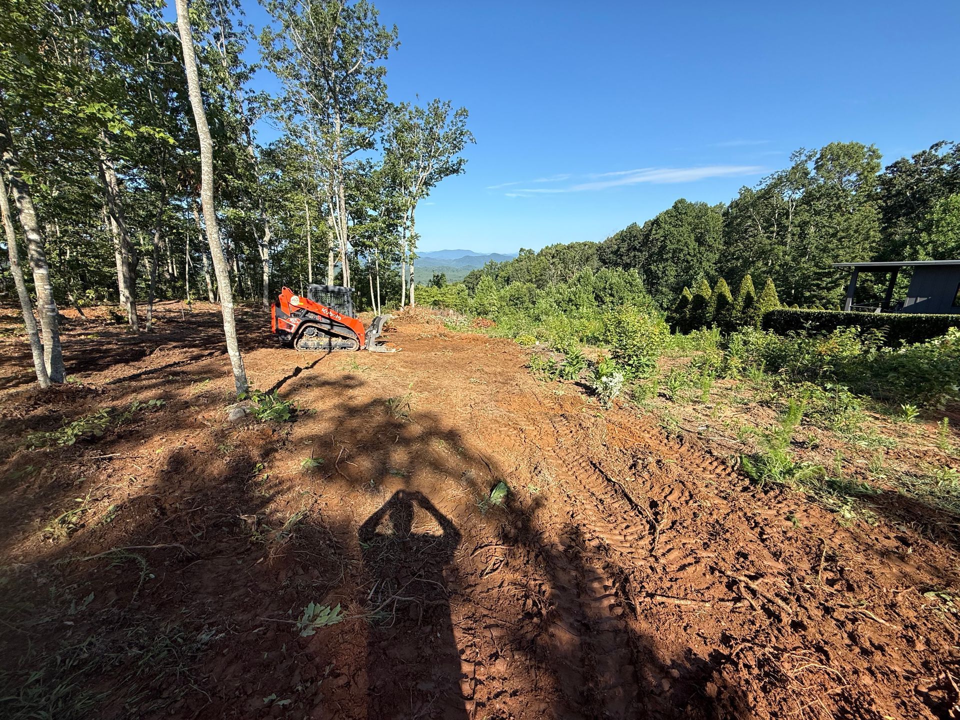 An orange excavator clears a path through a wooded, red-dirt hillside on a sunny day.