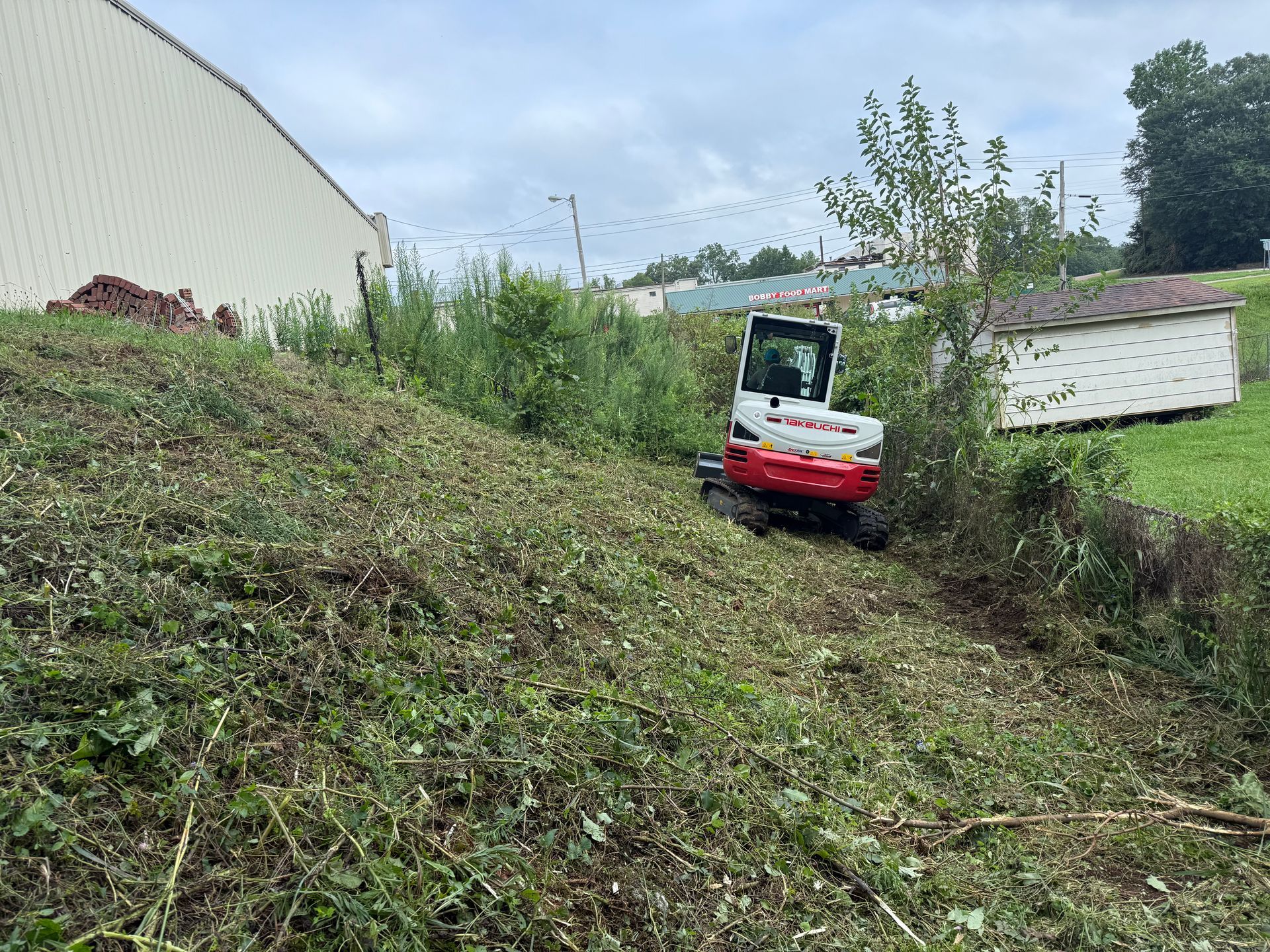 A red and white mini excavator clearing overgrown vegetation on a grassy hillside next to a building.