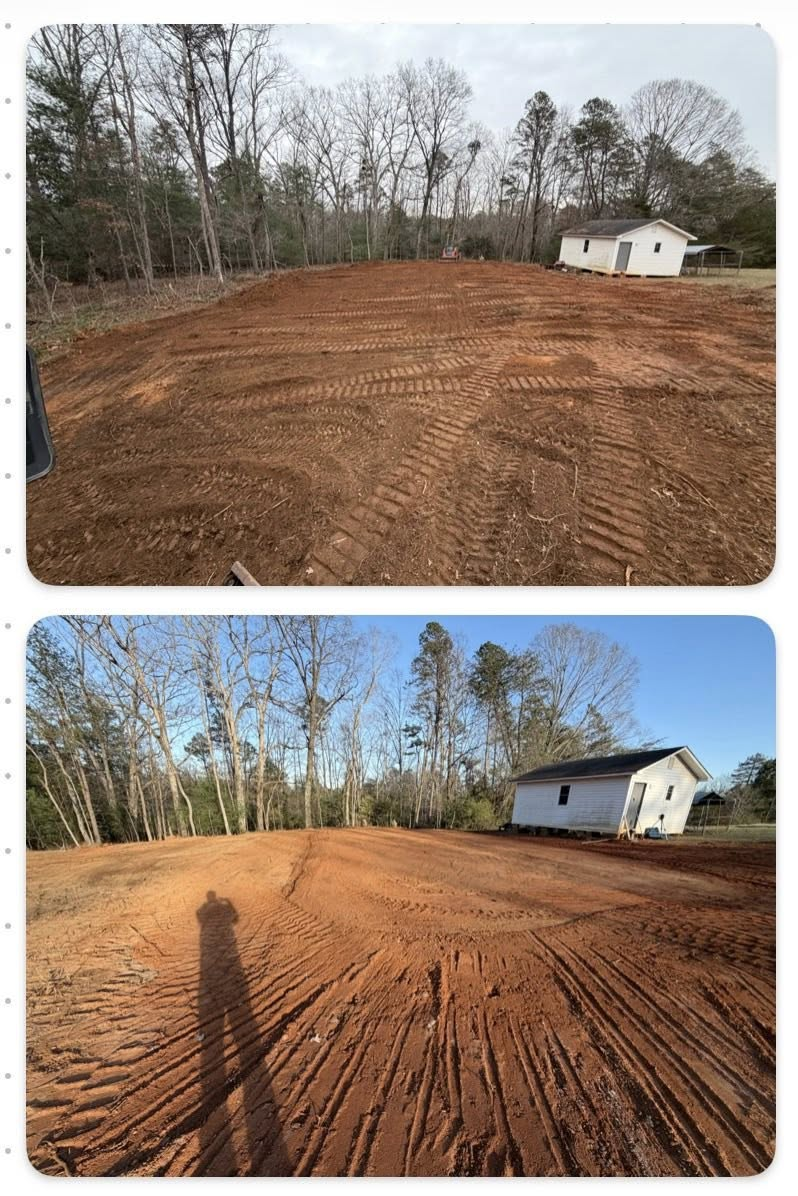 Two photos show a cleared dirt lot in a rural setting with a small, white, one-story house in the background.
