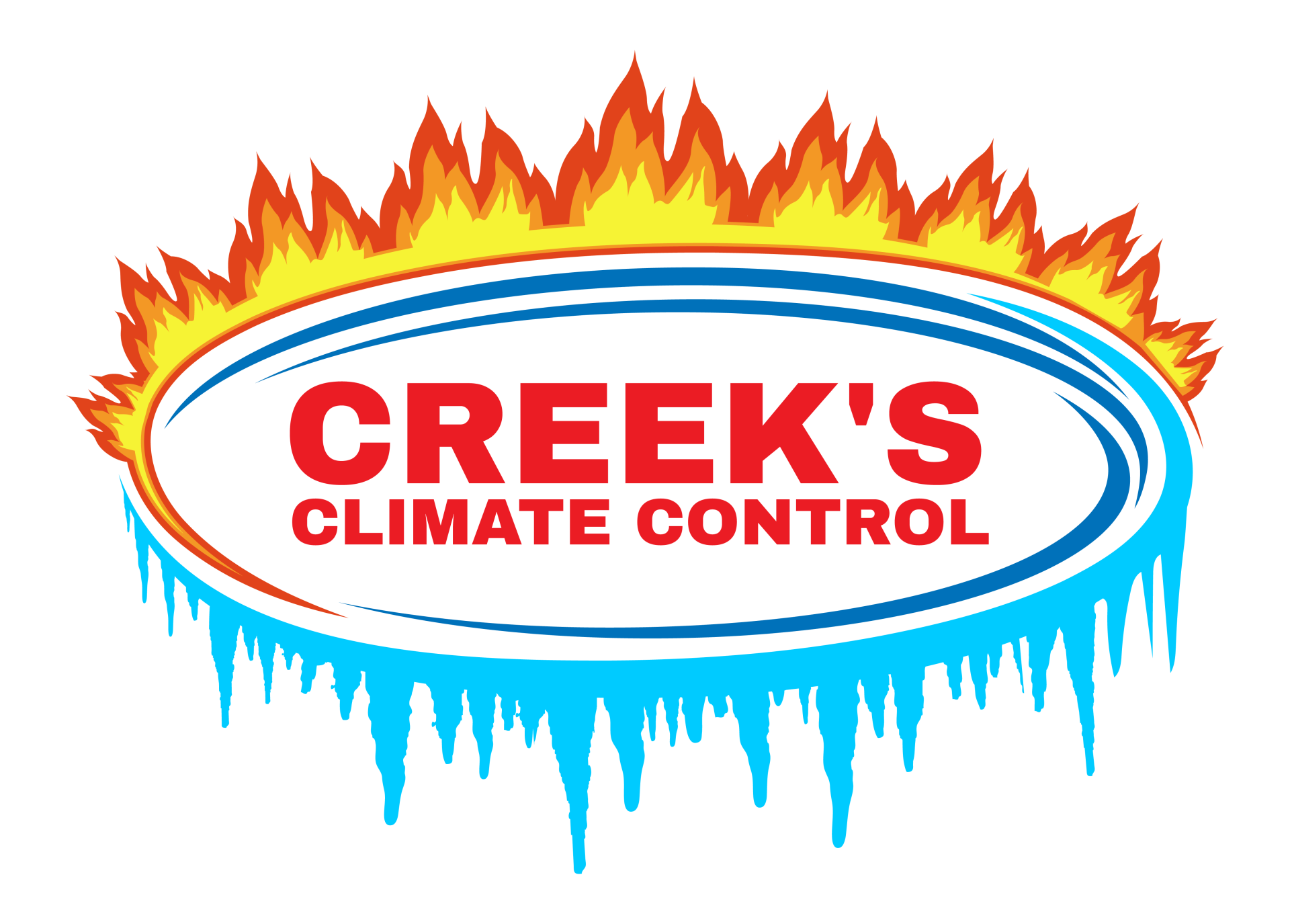 Creek's Climate Control logo with fire and ice elements. Red text inside a blue oval.