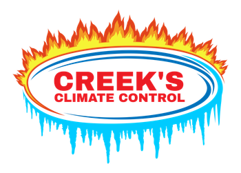Creek's Climate Control logo: Oval with fire on top, ice on the bottom, and text in the center.