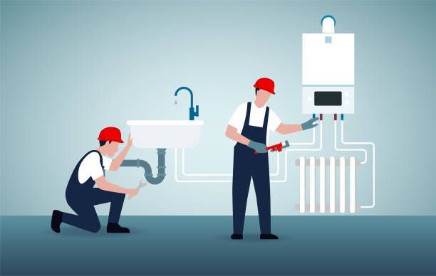 Two plumbers installing sink and boiler pipes in a bathroom, with one kneeling and one standing.