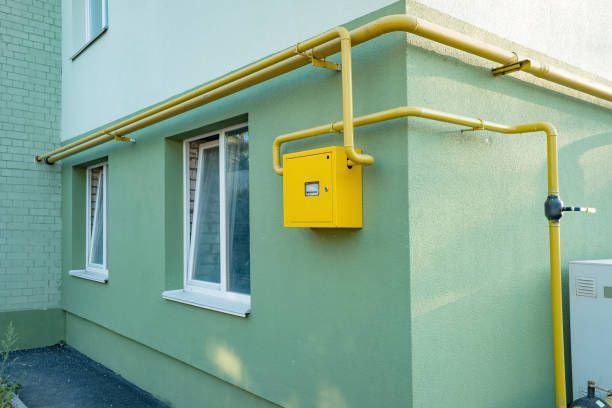 Green building exterior with white windows and a bright yellow utility box mounted on the wall