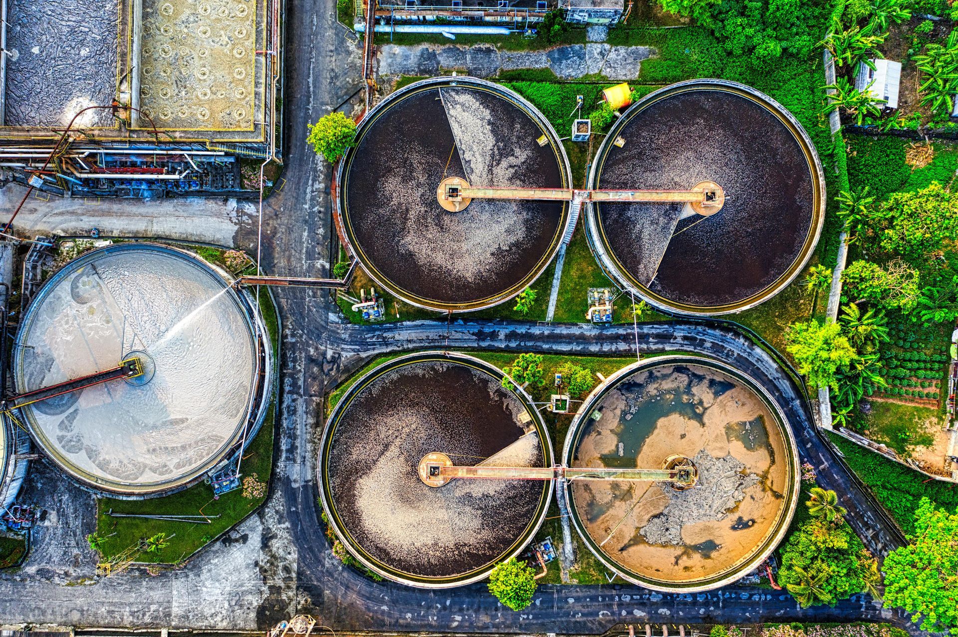 Aerial view of four circular industrial tanks, some with dark and rusty water, beside green vegetation.