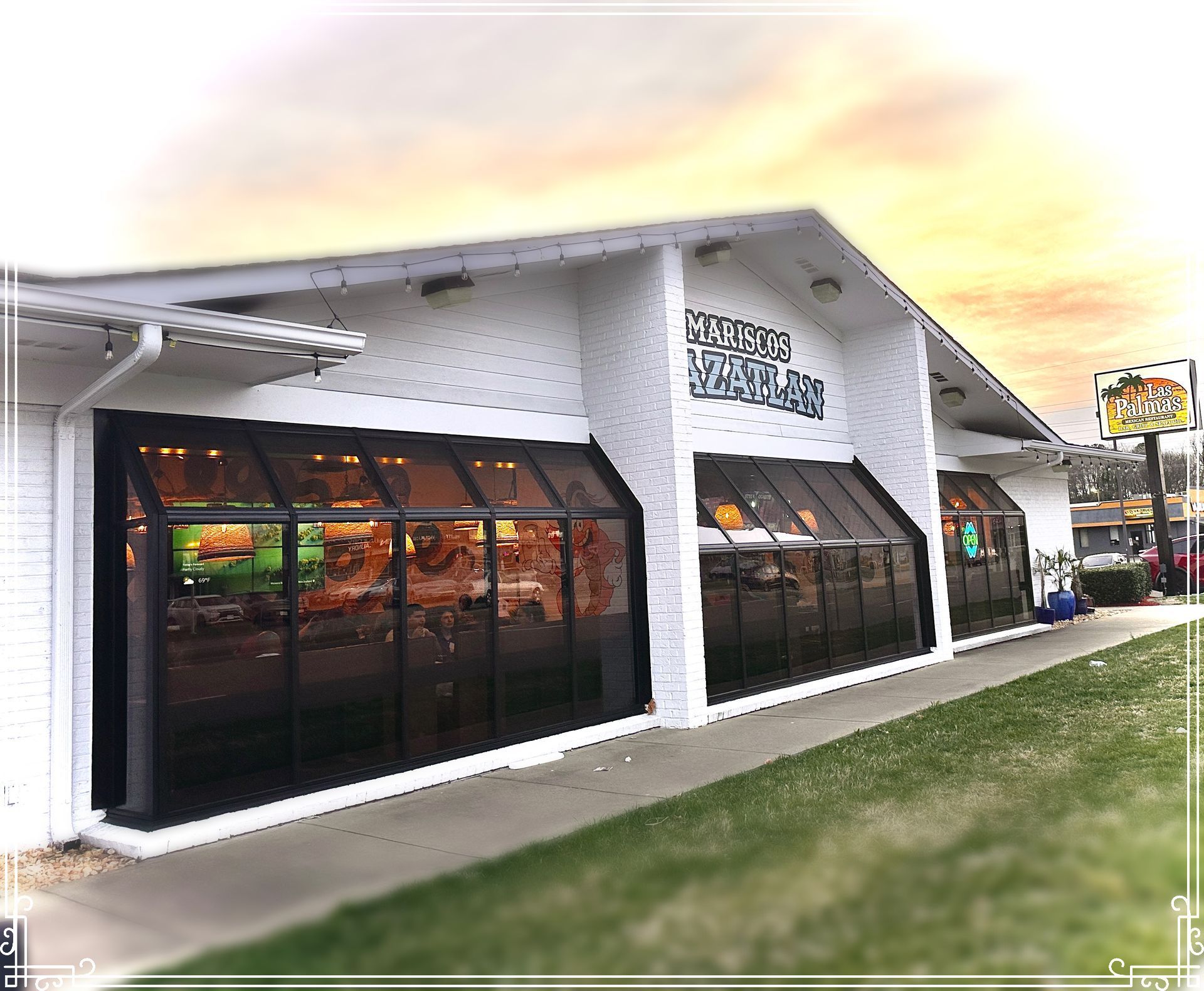 Exterior of a white restaurant building, 