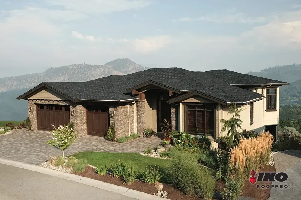 Modern single-story stone-and-stucco house with dark roof on a hillside driveway, mountains in the background