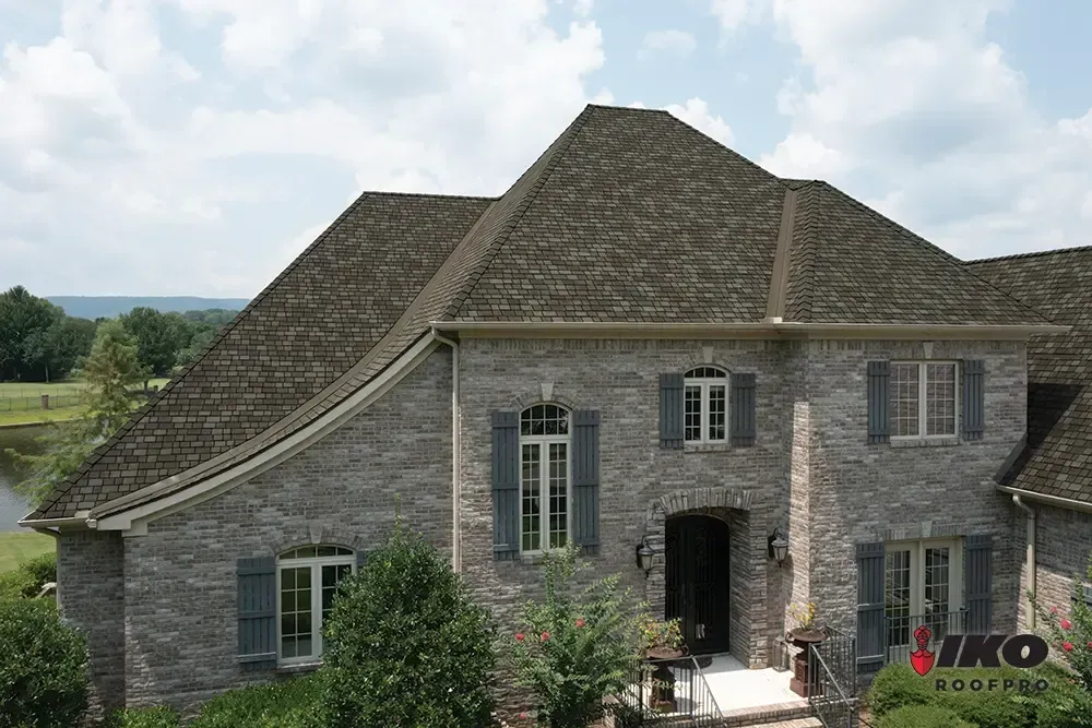 Stone house with steep shingled roof and arched front door, surrounded by greenery under a cloudy sky